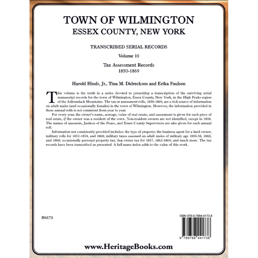 Town of Wilmington, Essex County, New York Transcribed Serial Records, Volume 10: Tax Assessment Records, 1850-1869 back cover