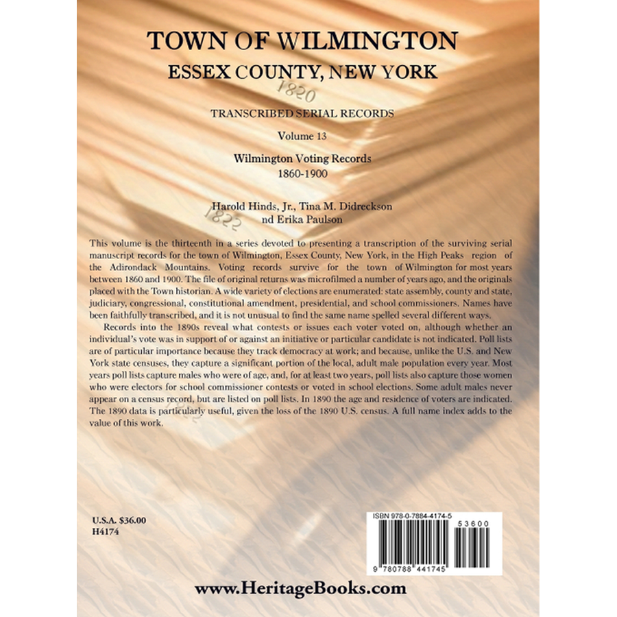 Town of Wilmington, Essex County, New York Transcribed Serial Records, Volume 13: Wilmington Voting Records, 1860-1900 back cover