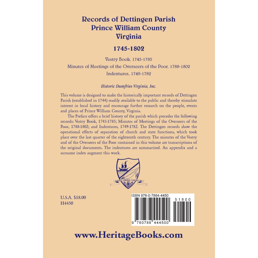 Records of Dettingen Parish, Prince William County, Virginia back cover