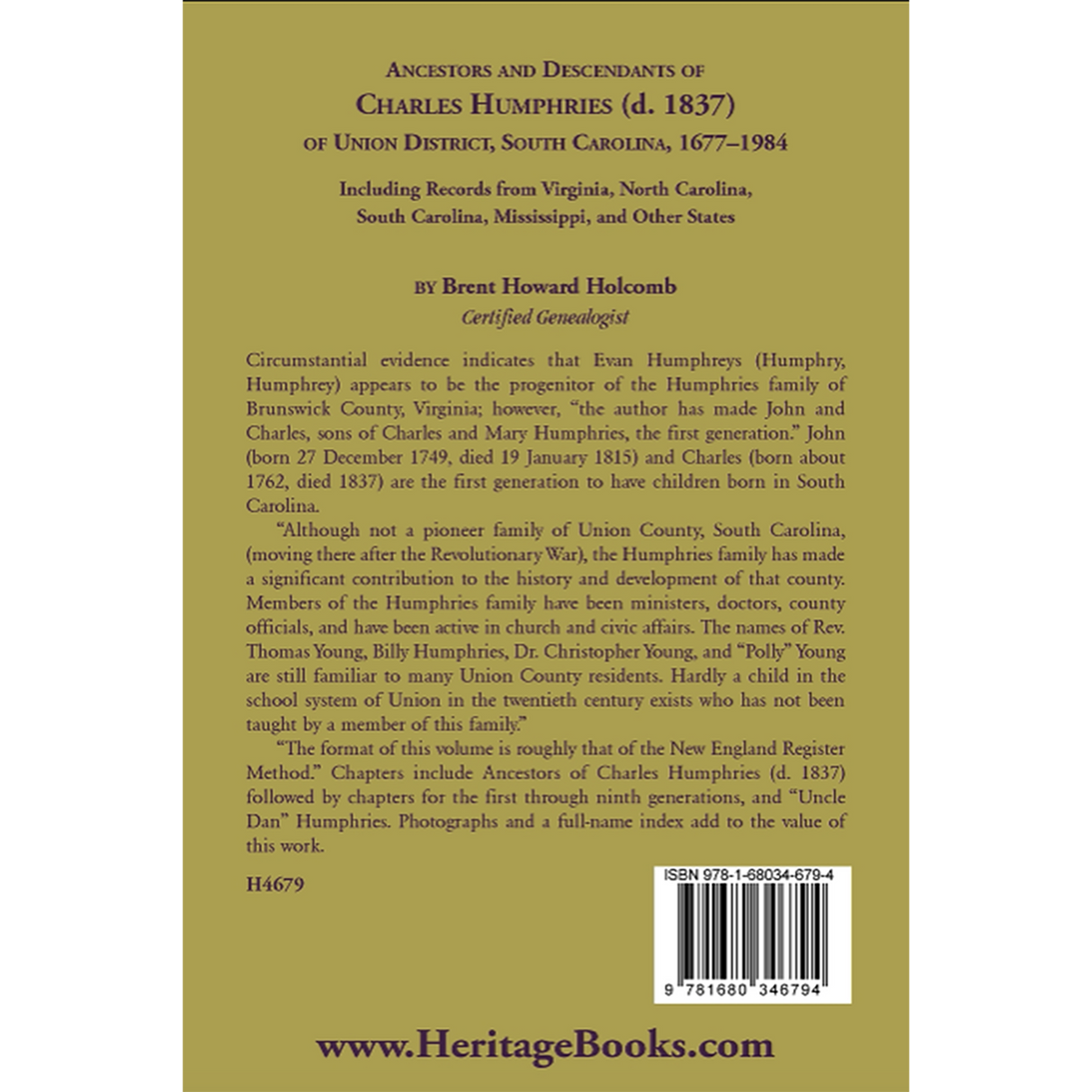 Ancestors and Descendants of Charles Humphries (d. 1837) of Union District, South Carolina, 1677-1984 back cover