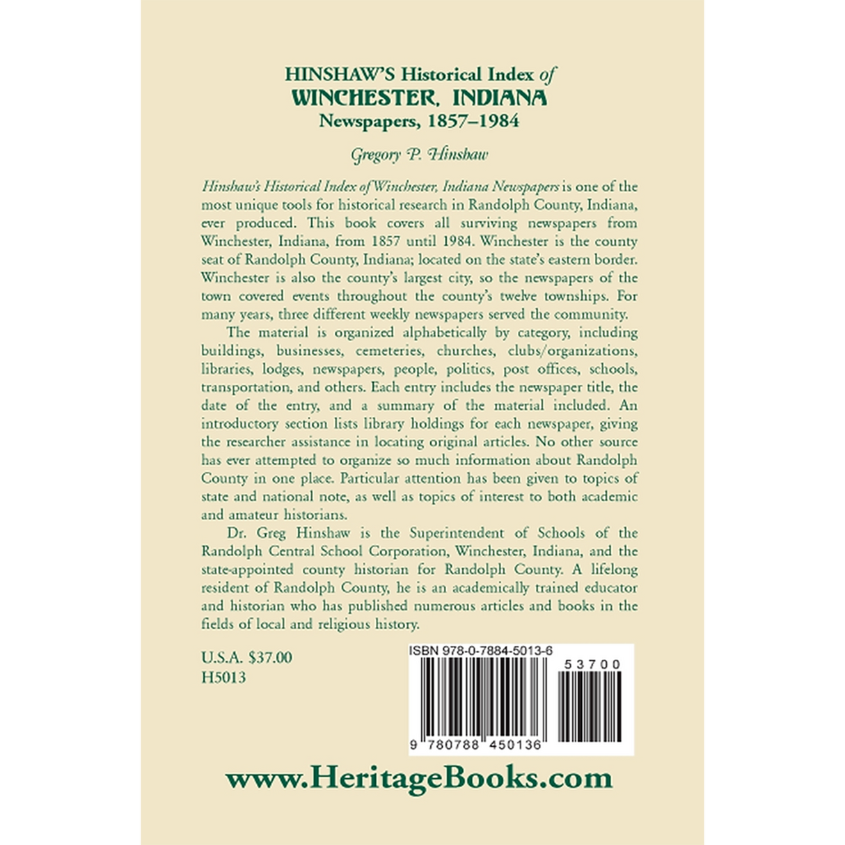Hinshaw's Historical Index of Winchester, Indiana, Newspapers, 1857-1984 back cover