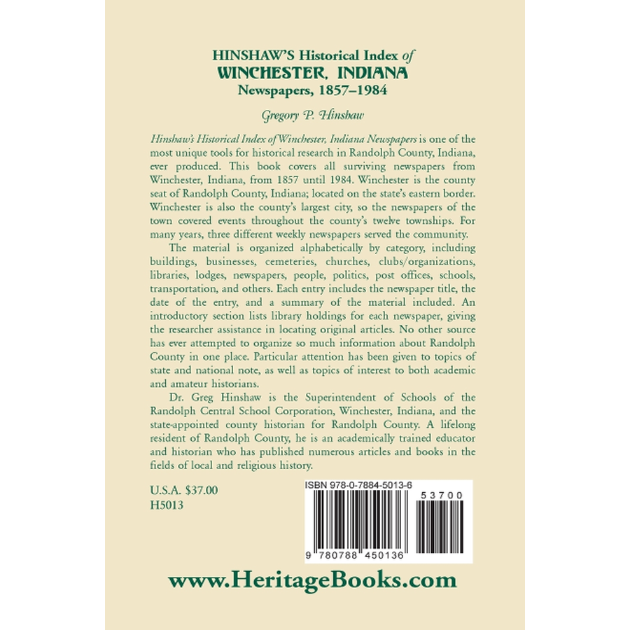 Hinshaw's Historical Index of Winchester, Indiana, Newspapers, 1857-1984 back cover
