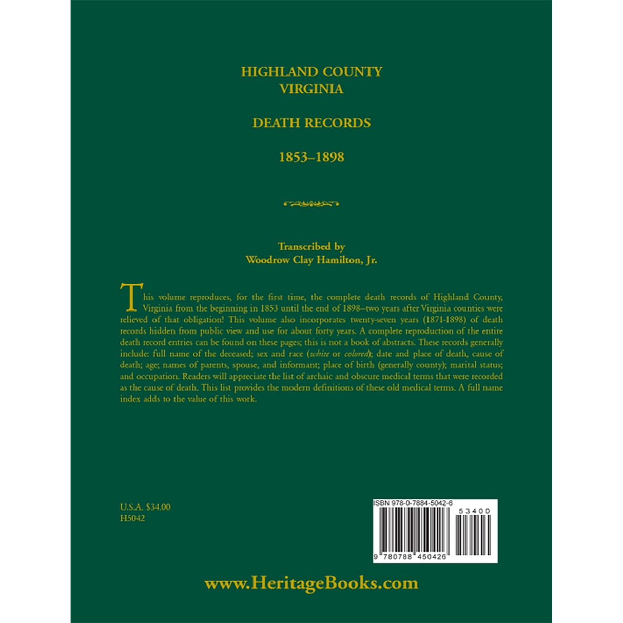 Highland County, Virginia Death Records, 1853-1898 back cover