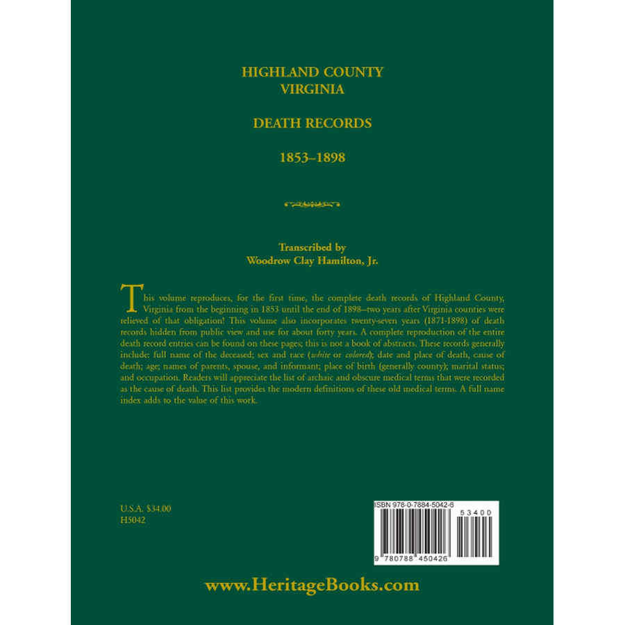 Highland County, Virginia Death Records, 1853-1898 back cover