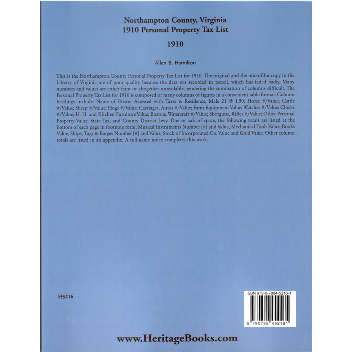 Northampton County, Virginia Personal Property Tax List 1910 back cover