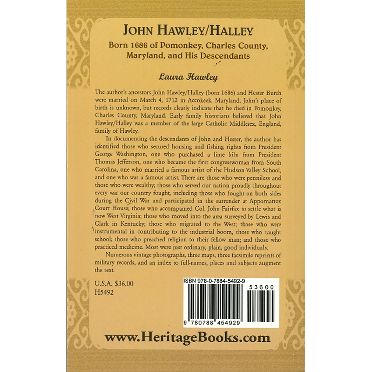 John Hawley/Halley born 1686, of Pomonkey, Charles County, Maryland and His Descendants back cover