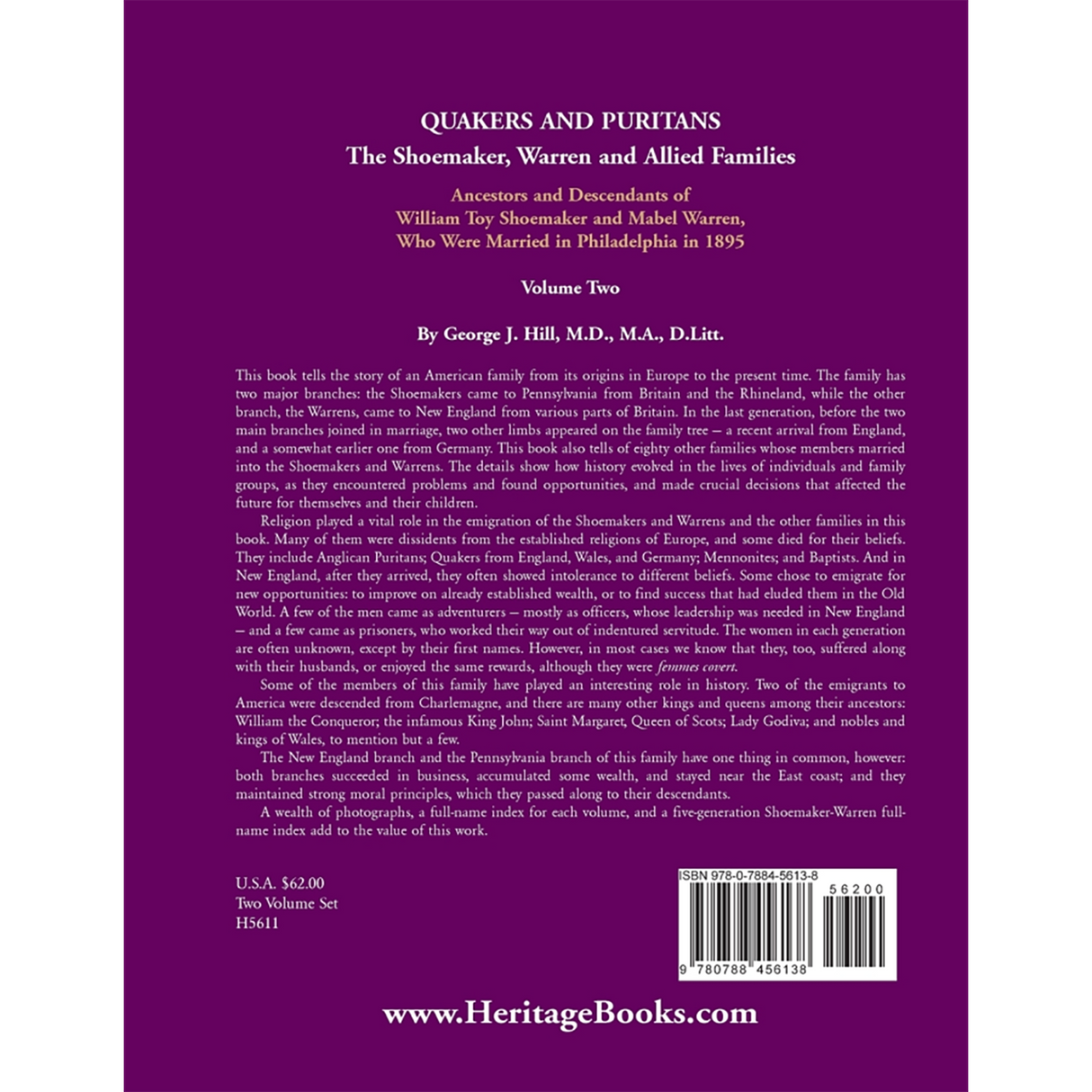 Quakers and Puritans: The Shoemaker, Warren and Allied Families, Volume II back cover