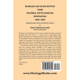 Marriage and Death Notices from Columbia, South Carolina, Newspapers, 1838-1860, including legal notices from burnt counties back cover