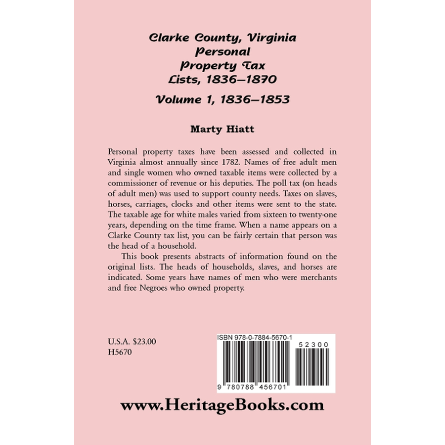 back cover of Clarke County, Virginia Personal Property Tax Lists: Volume 1, 1836-1853