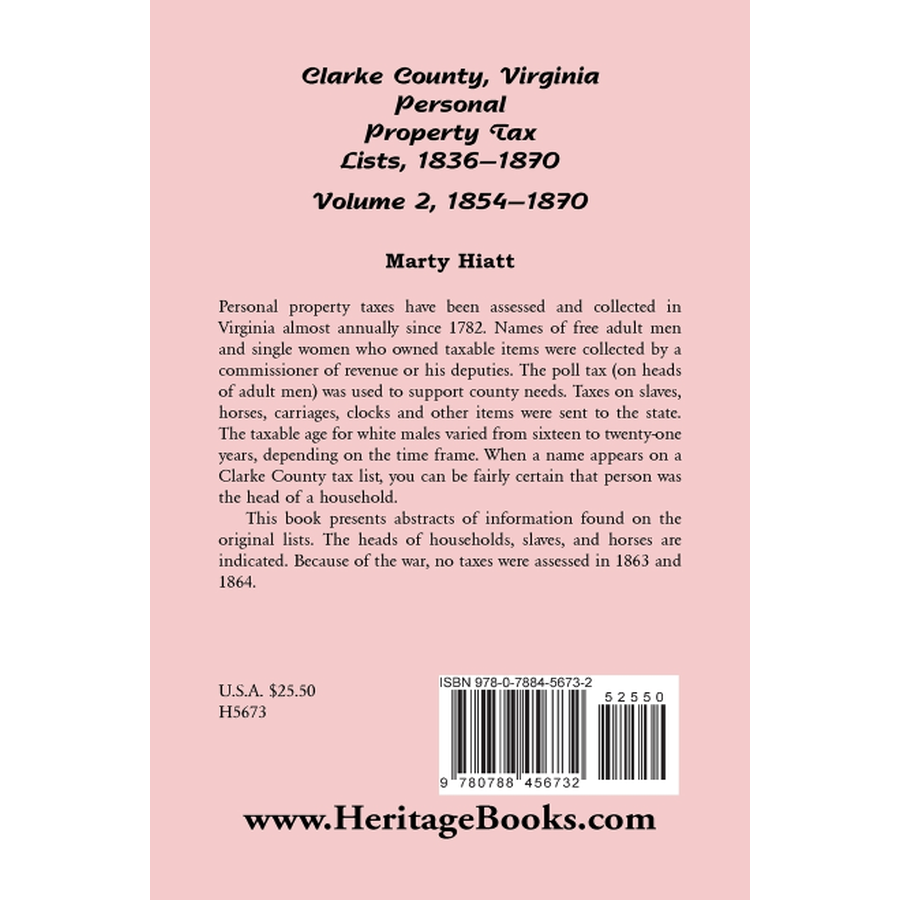 back cover of Clarke County, Virginia Personal Property Tax Lists: Volume 2, 1854-1870