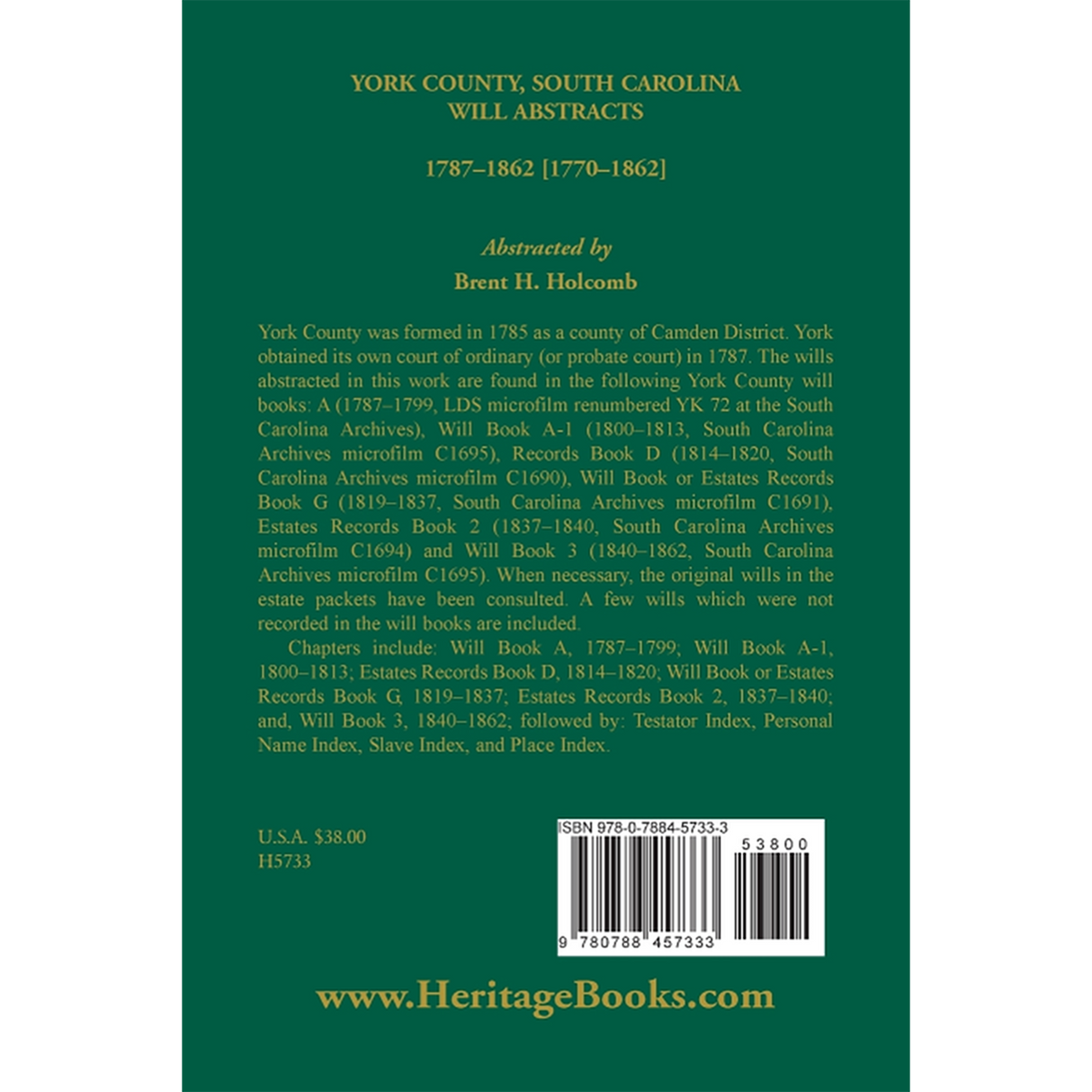 York County, South Carolina Will Abstracts, 1787-1862 [1770-1862] back cover