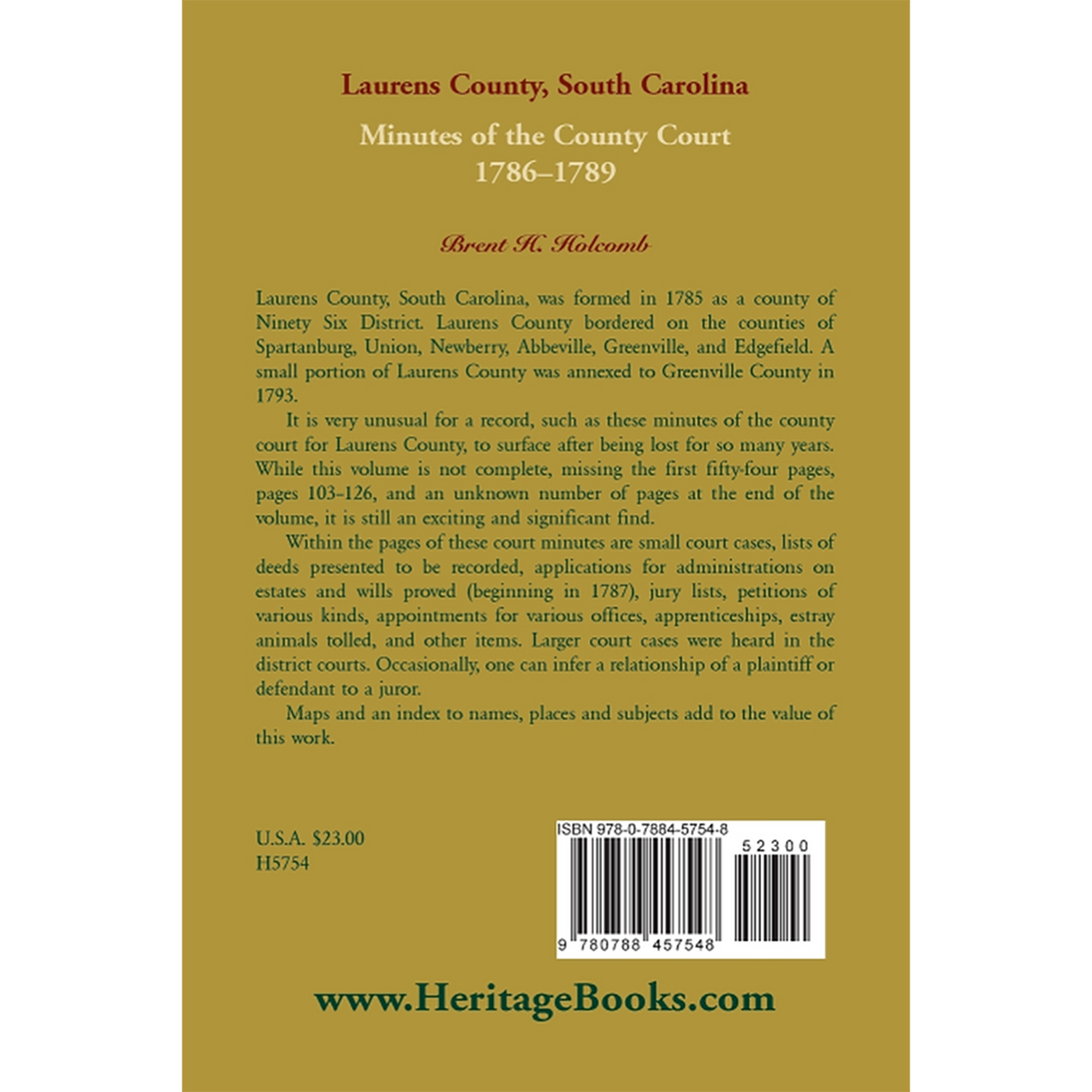 Laurens County, South Carolina, Minutes of the County Court, 1786-1789 back cover