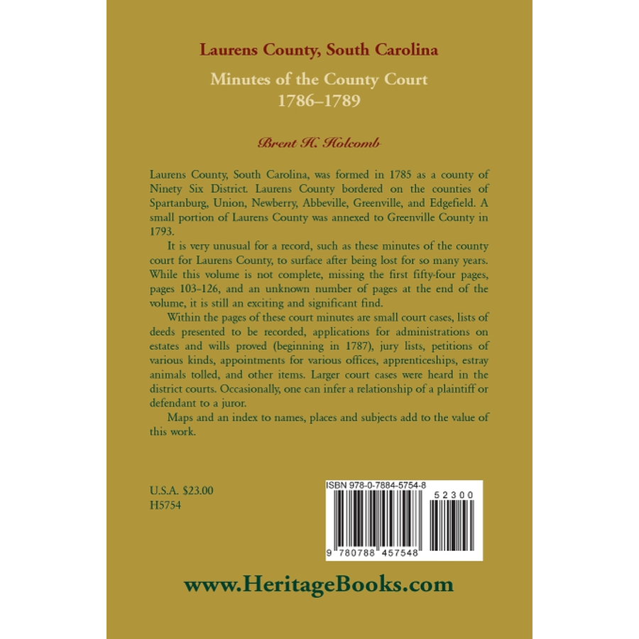 back cover of Laurens County, South Carolina, Minutes of the County Court, 1786-1789