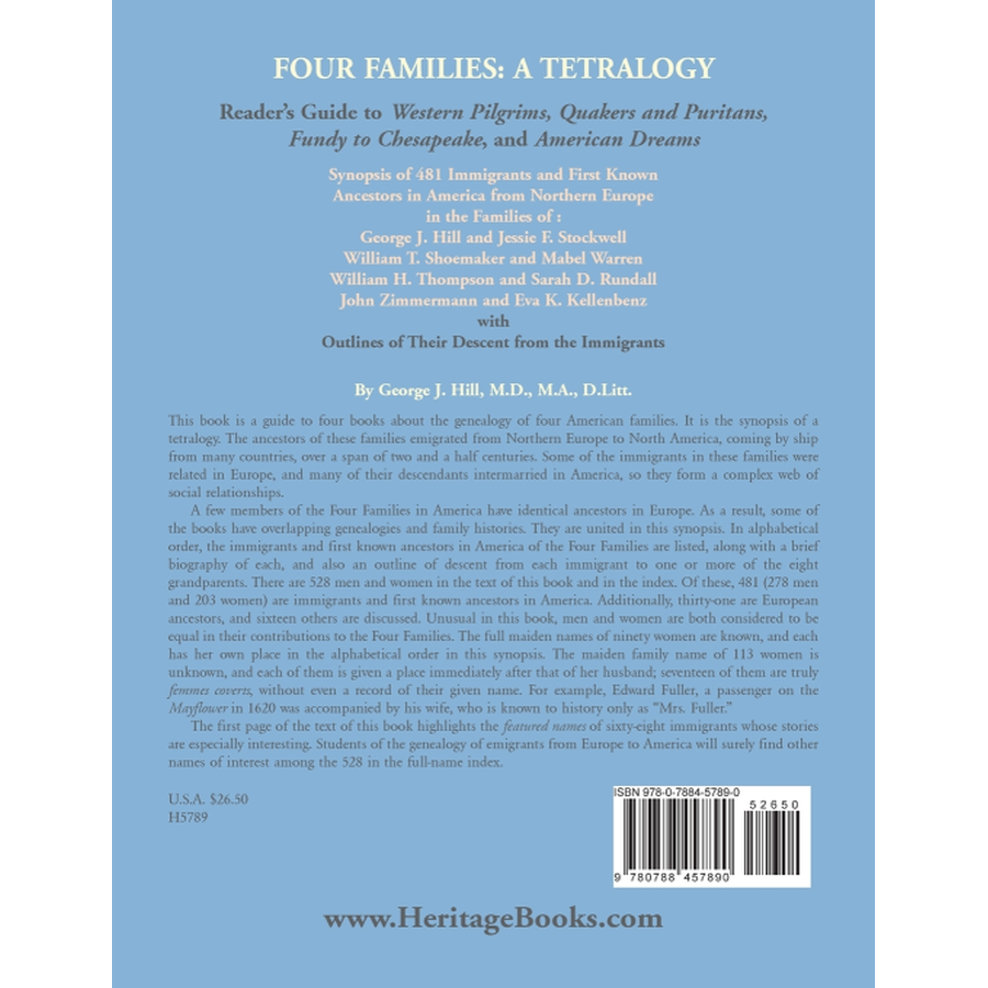 back cover of Four Families: A Tetralogy, Synopsis of 481 Immigrants to America, With Some of Their Descendants and European Ancestors