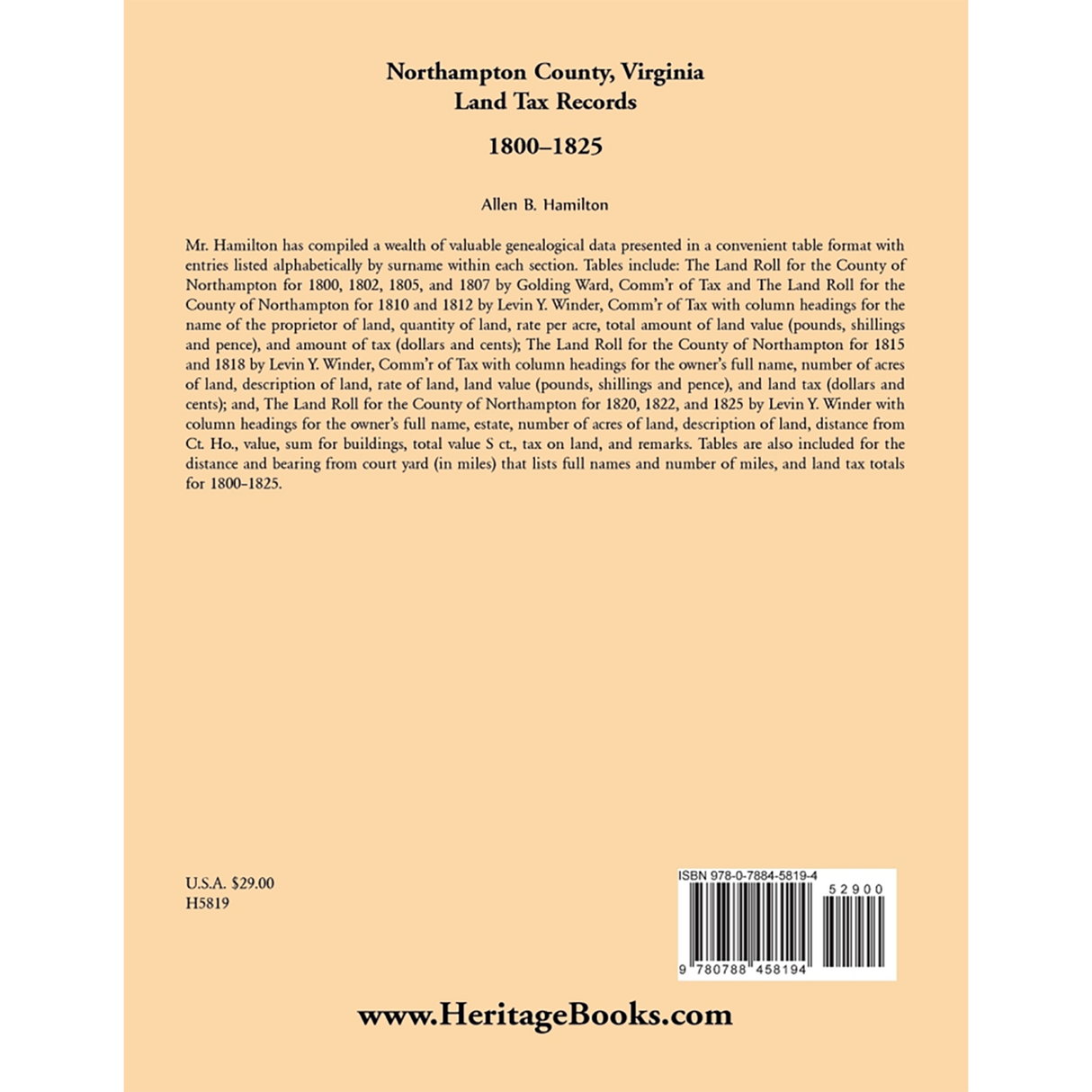 Northampton County, Virginia Land Tax Records, 1800-1825 back cover
