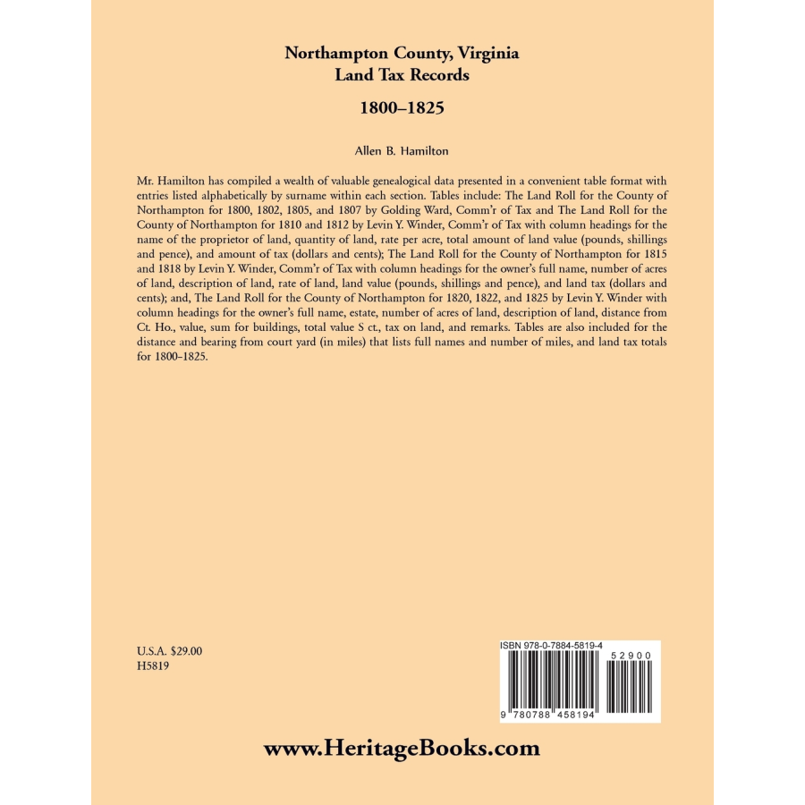 Northampton County, Virginia Land Tax Records, 1800-1825 back cover