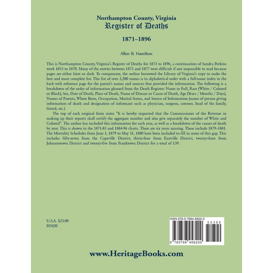 Northampton County, Virginia Register of Deaths, 1871-1896 back cover