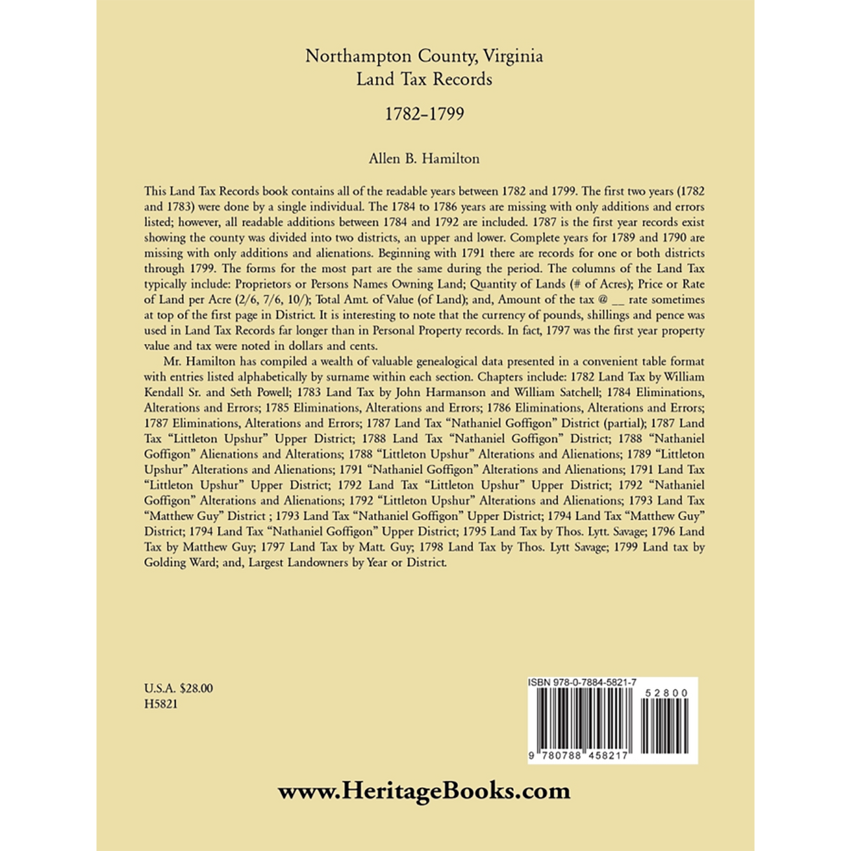 Northampton County, Virginia Land Tax Records, 1782-1799 back cover