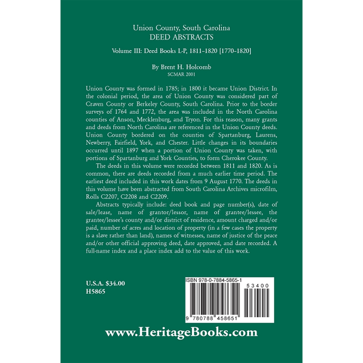 Union County, South Carolina, Deed Abstracts Volume III: Deed Books L-P, 1811-1820 [1770-1820] back cover
