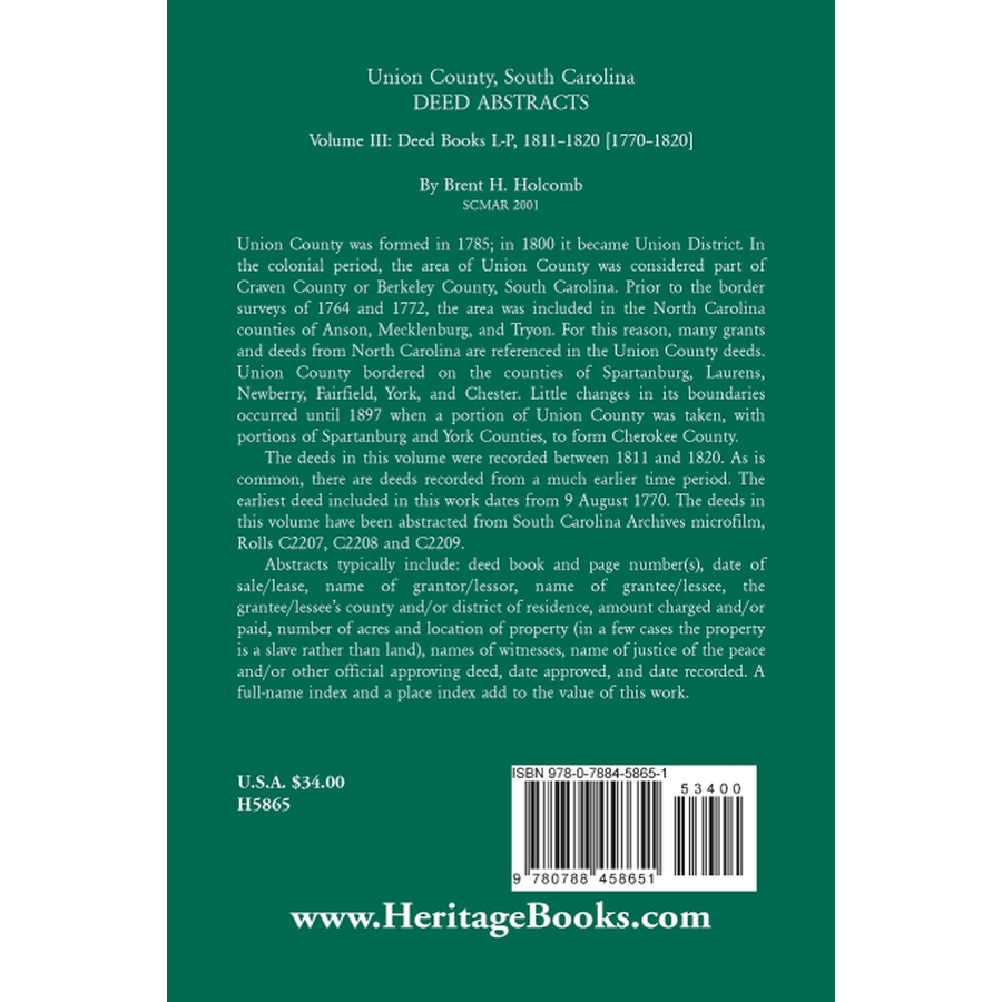 Union County, South Carolina, Deed Abstracts Volume III: Deed Books L-P, 1811-1820 [1770-1820] back cover