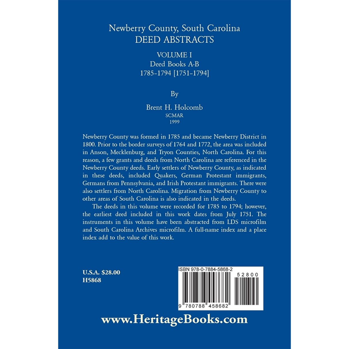 Newberry County, South Carolina Deed Abstracts, Volume I: Deed Books A-B, 1785-1794 [1751-1794] back cover