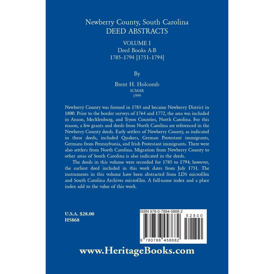 Newberry County, South Carolina Deed Abstracts, Volume I: Deed Books A-B, 1785-1794 [1751-1794] back cover
