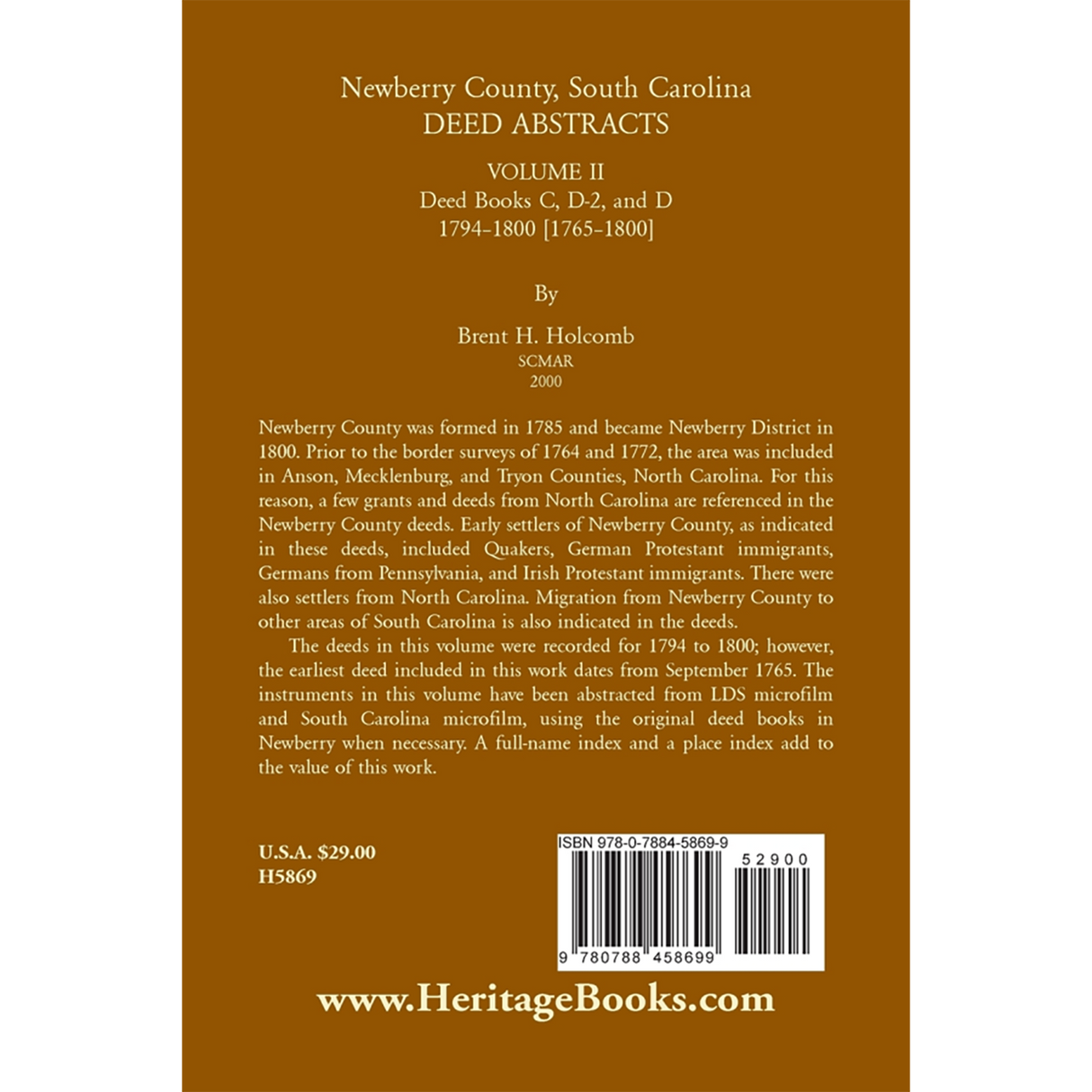 Newberry County, South Carolina Deed Abstracts, Volume II: Deed Books C, D-2, and D, 1794-1800 [1765-1800] back cover
