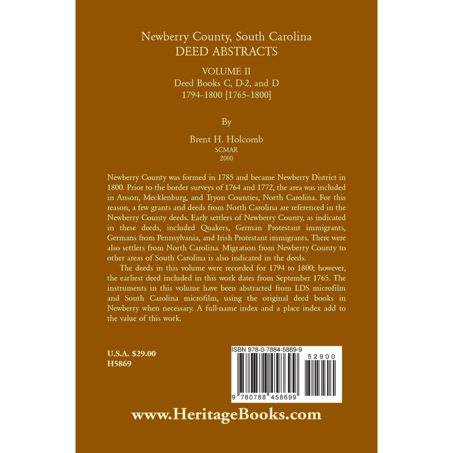Newberry County, South Carolina Deed Abstracts, Volume II: Deed Books C, D-2, and D, 1794-1800 [1765-1800] back cover