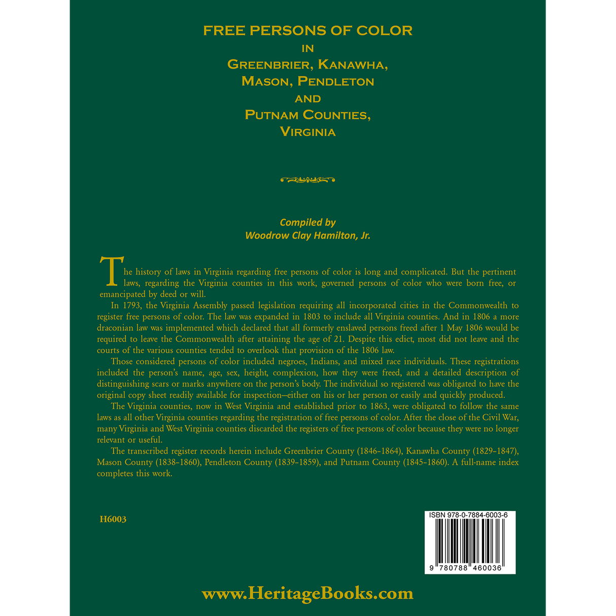 Free Persons of Color in Greenbrier, Kanawha, Mason, Pendleton and Putnam Counties, Virginia back cover