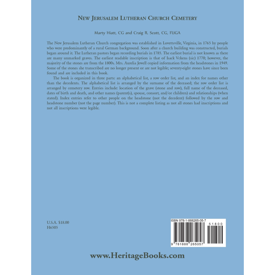 New Jerusalem Lutheran Church Cemetery [Loudoun County, Virginia] back cover