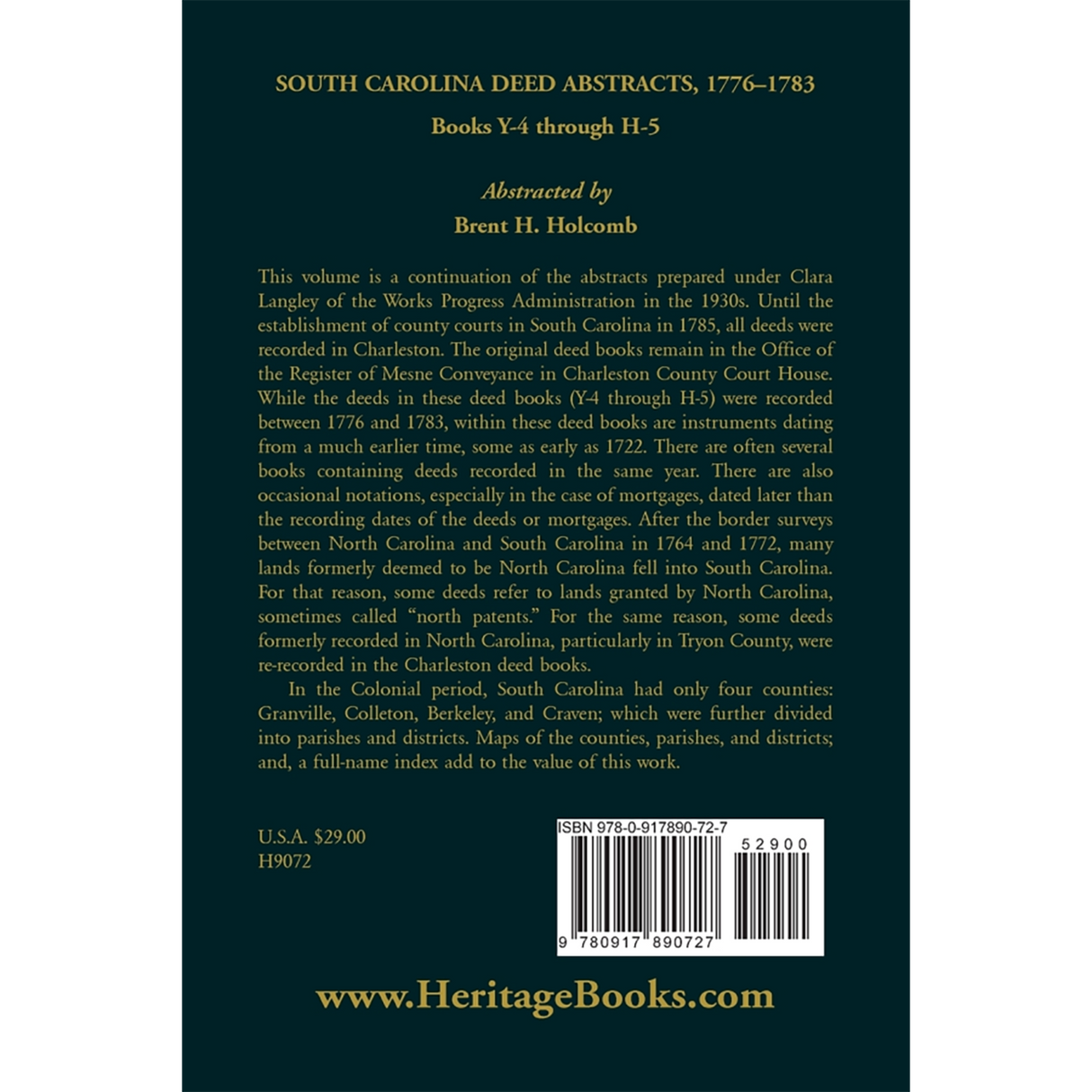 South Carolina Deed Abstracts, Books Y-4 through H-5, 1776-1783 back cover