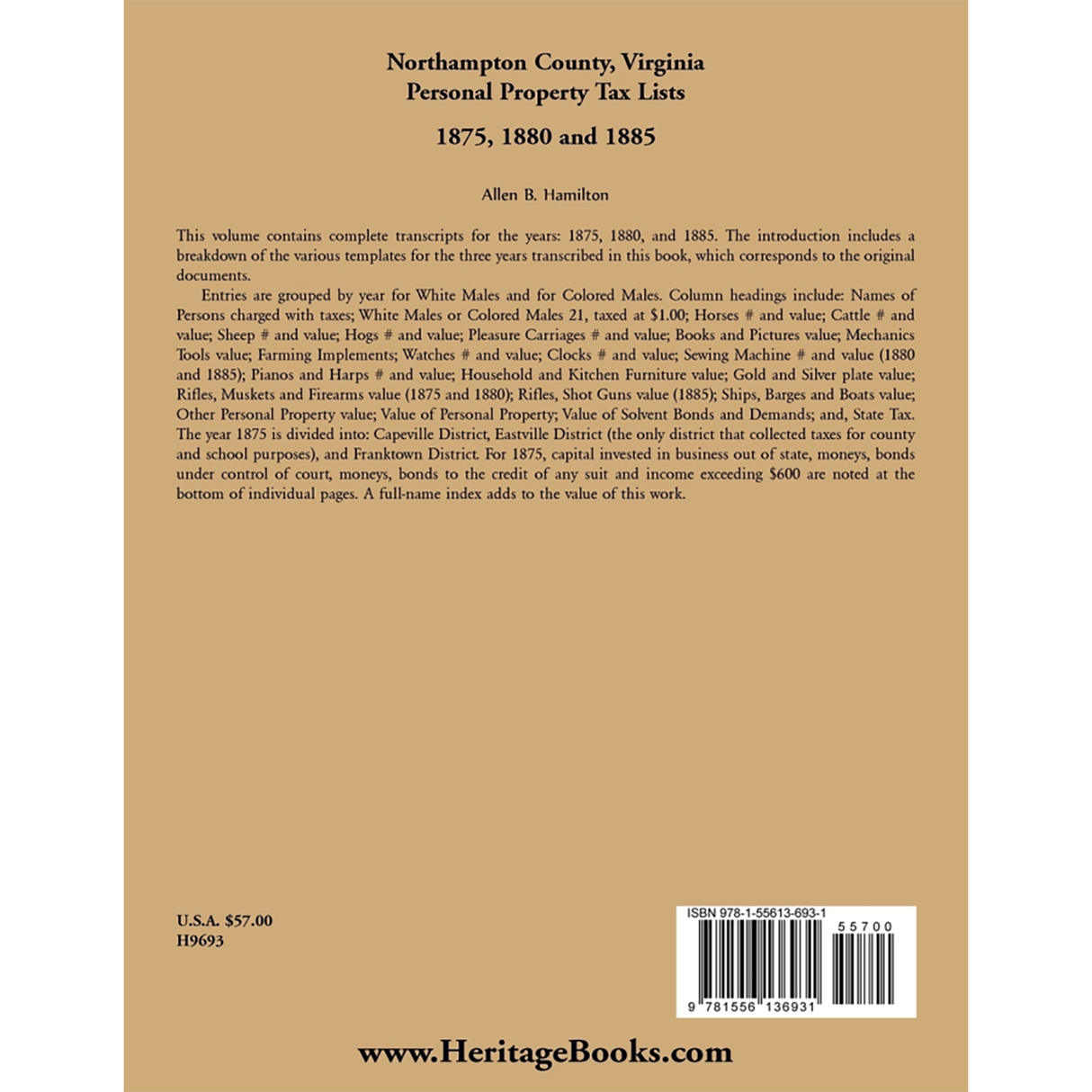 Northampton County, Virginia Personal Property Tax Lists, 1875, 1880 and 1885 back cover