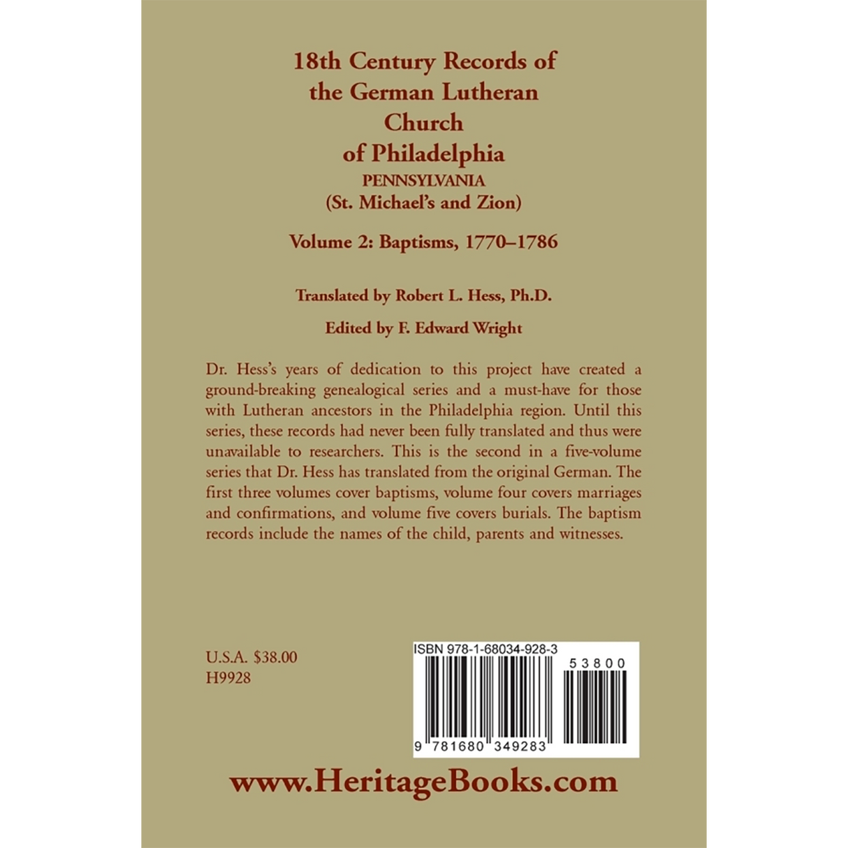18th Century Records of the German Lutheran Church at Philadelphia, Pennsylvania (St. Michael's and Zion): Volume 2, Baptisms 1770-1786 back cover