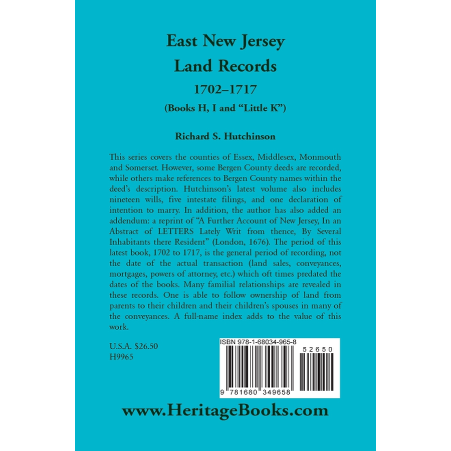 back cover of East New Jersey Land Records, 1702-1717 (Books H, I and "Little K")