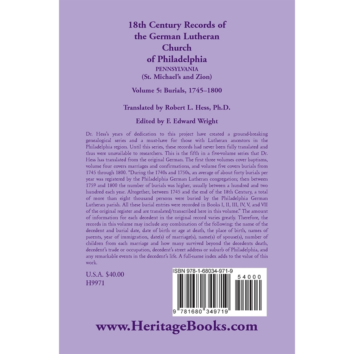 18th Century Records of the German Lutheran Church at Philadelphia, Pennsylvania (St. Michael's and Zion): Volume 5, Burials back cover