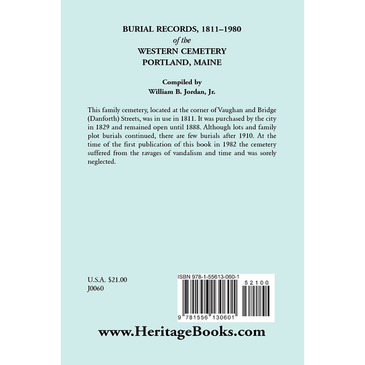 Burial Records, 1811-1980 of the Western Cemetery in Portland, Maine back cover