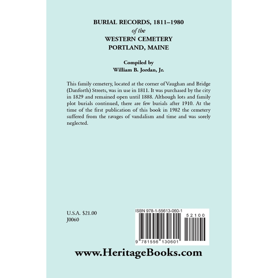 Burial Records, 1811-1980 of the Western Cemetery in Portland, Maine back cover