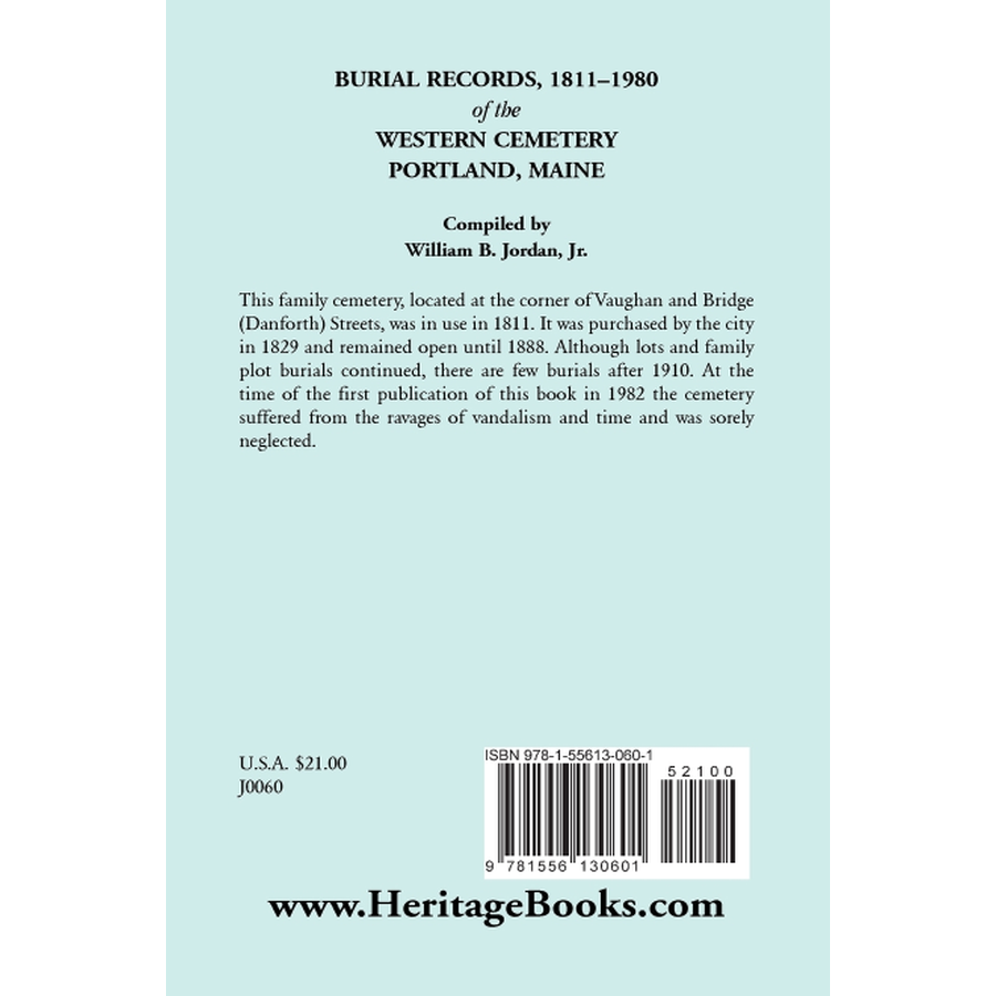 back cover of Burial Records, 1811-1980 of the Western Cemetery in Portland, Maine