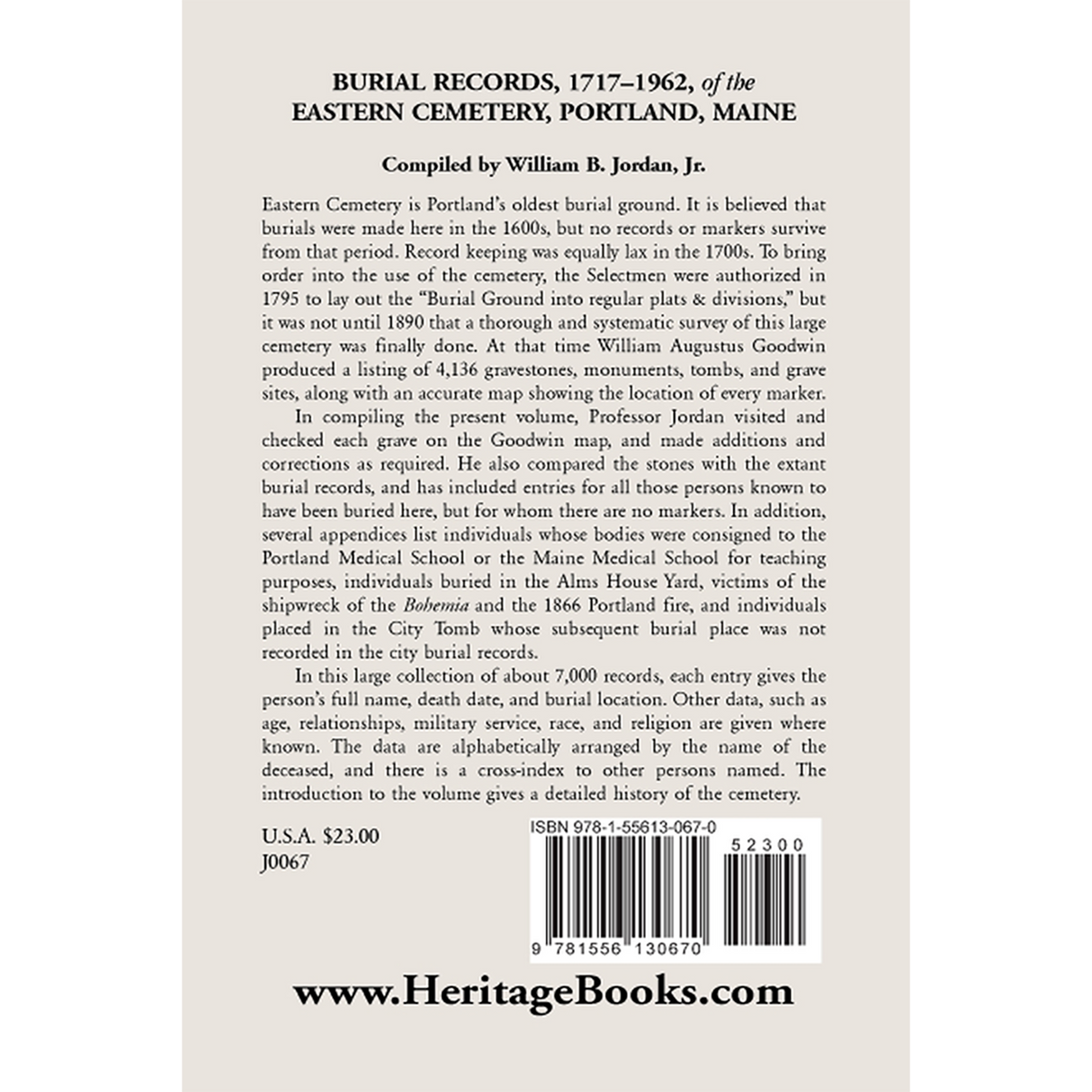 Burial Records, 1717-1962, of the Eastern Cemetery, Portland, Maine back cover
