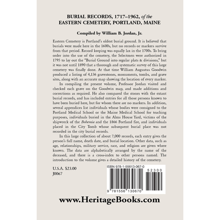 Burial Records, 1717-1962, of the Eastern Cemetery, Portland, Maine back cover