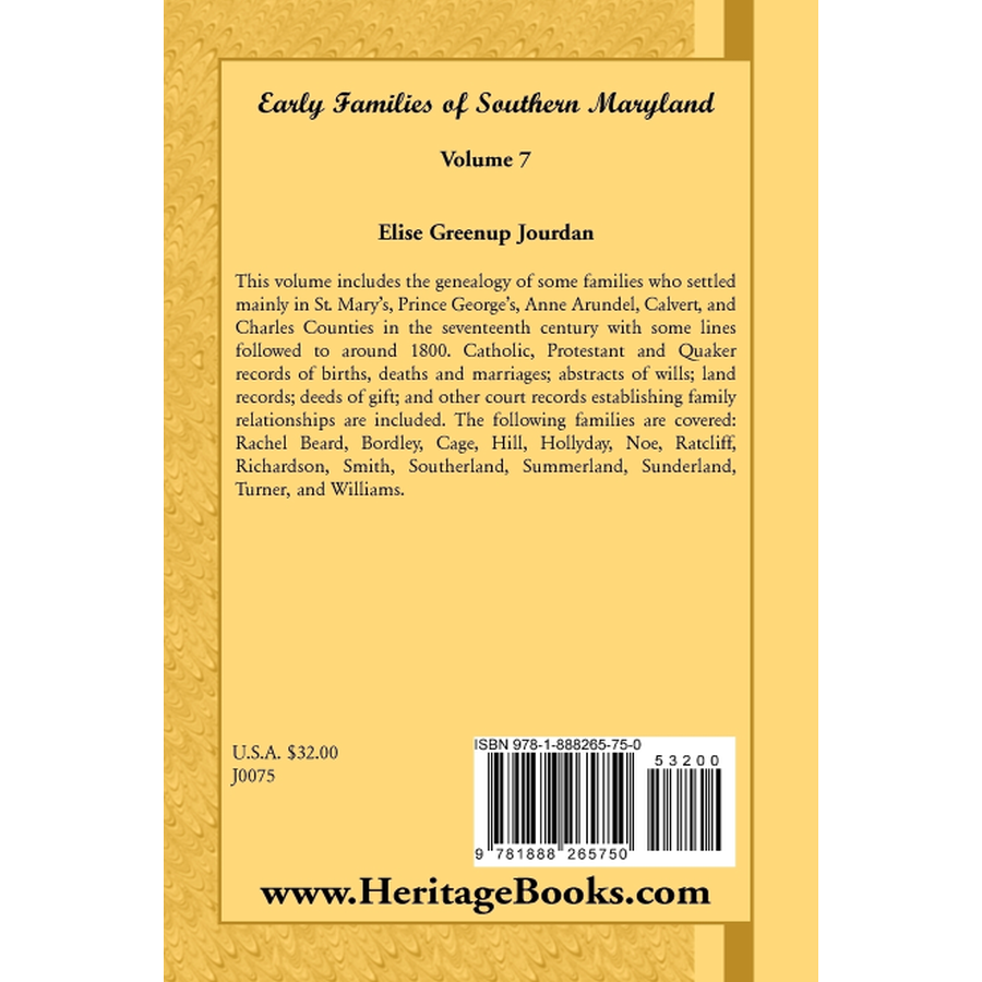 back cover of Early Families of Southern Maryland: Volume 7
