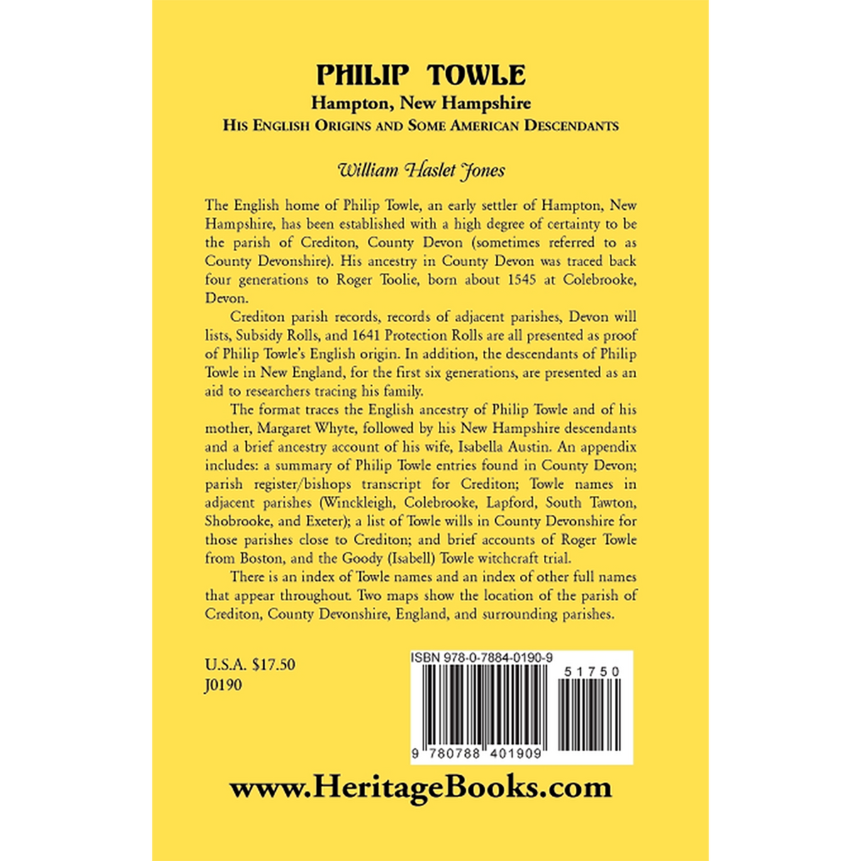 Philip Towle, Hampton, New Hampshire His English Origins and Some American Descendants back cover