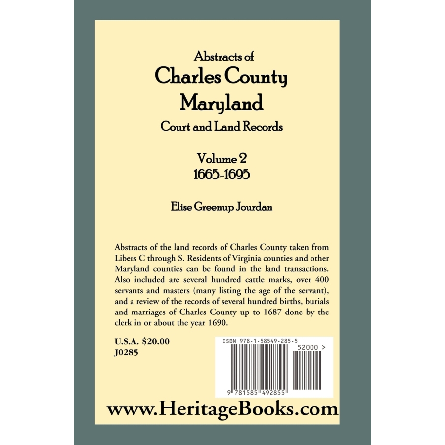 back cover of Abstracts of Charles County, Maryland Court and Land Records: Volume 2: 1665-1695