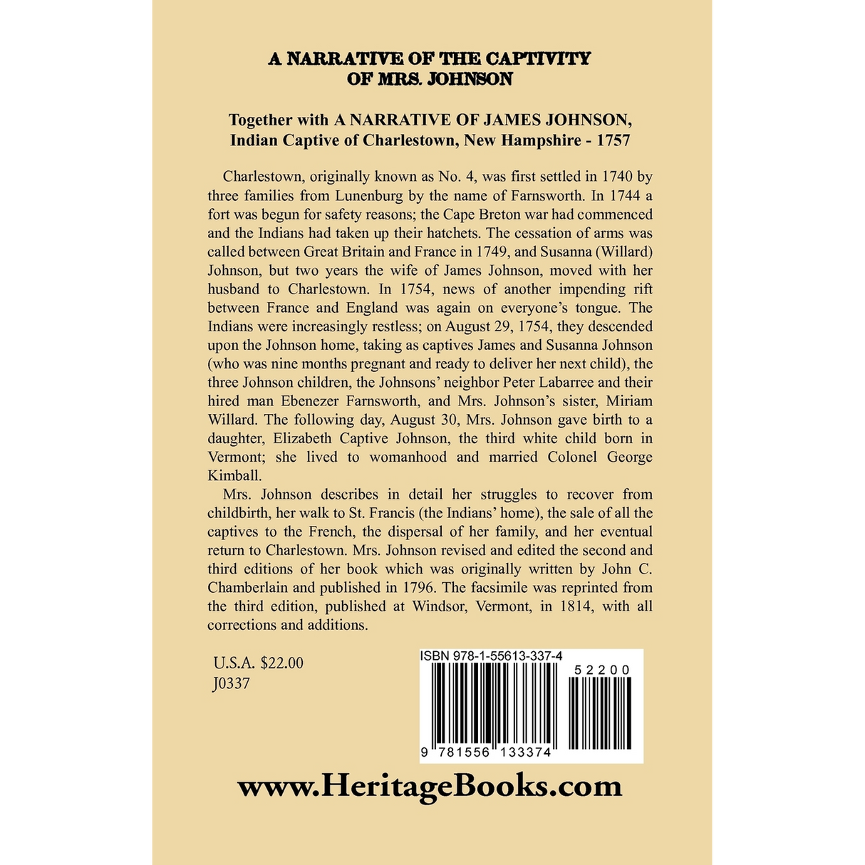 A Narrative of the Captivity of Mrs. Johnson, Together with A Narrative of James Johnson: Indian Captive of Charlestown, New Hampshire back cover