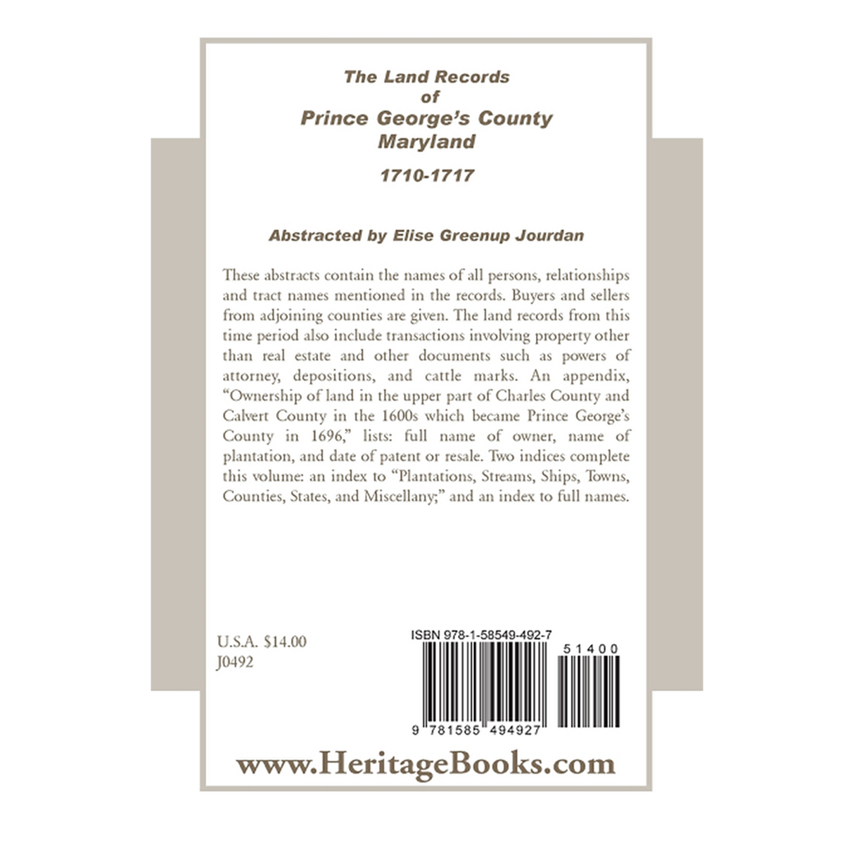The Land Records of Prince George's County, Maryland, 1710-1717 back cover