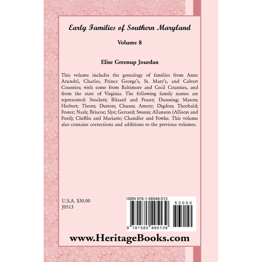 Early Families of Southern Maryland: Volume 8 back cover