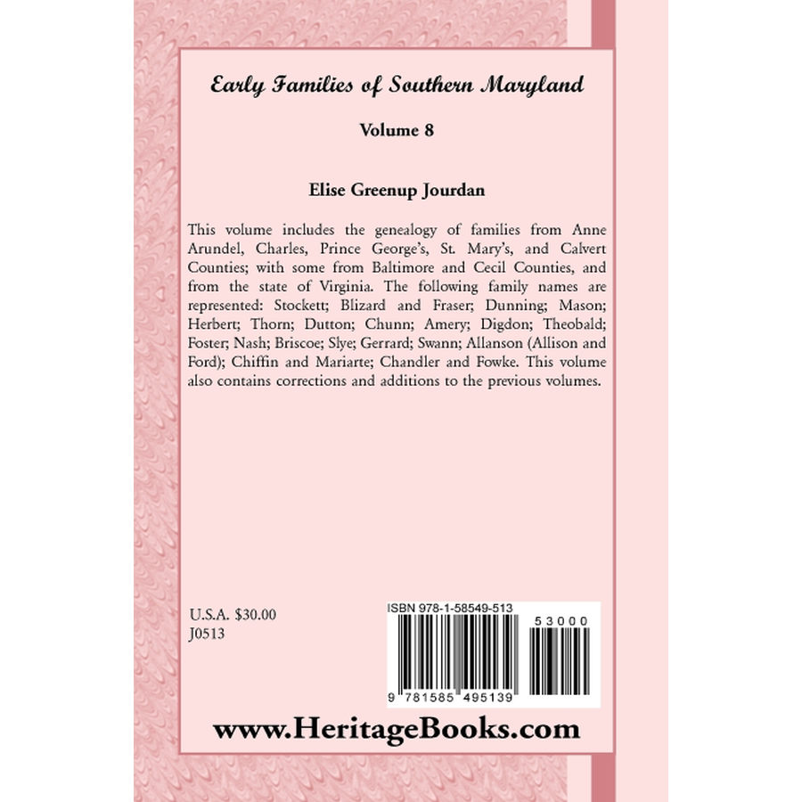 back cover of Early Families of Southern Maryland: Volume 8