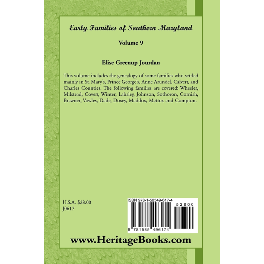 back cover of Early Families of Southern Maryland: Volume 9
