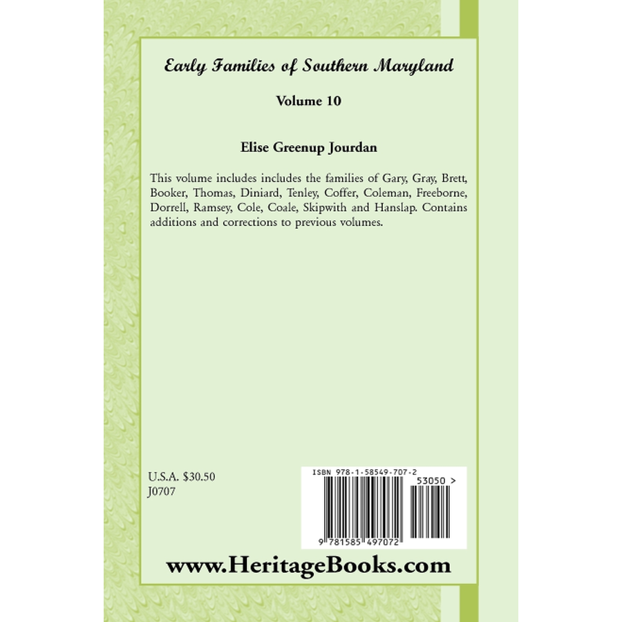 back cover of Early Families of Southern Maryland: Volume 10