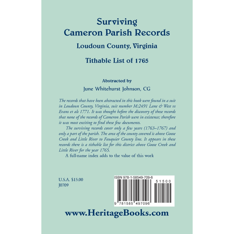 Surviving Cameron Parish Records, Loudoun County, Virginia: Tithable List of 1765 back cover